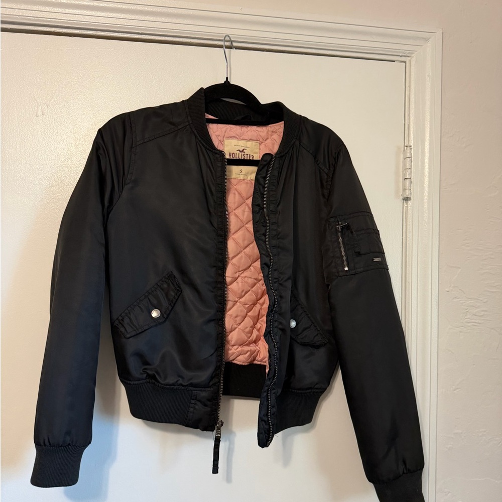 Hollister Black Jacket with Quilted Pink Interior